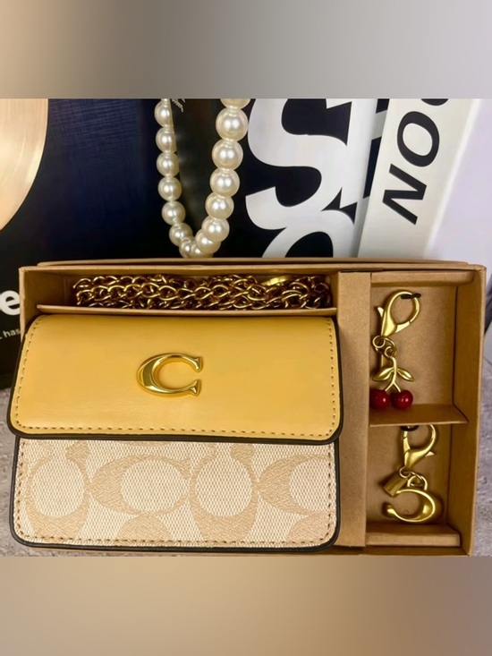 Coach Other - Coach Pebble Leather & Signature Canvas Yellow Card Holder Crossbody